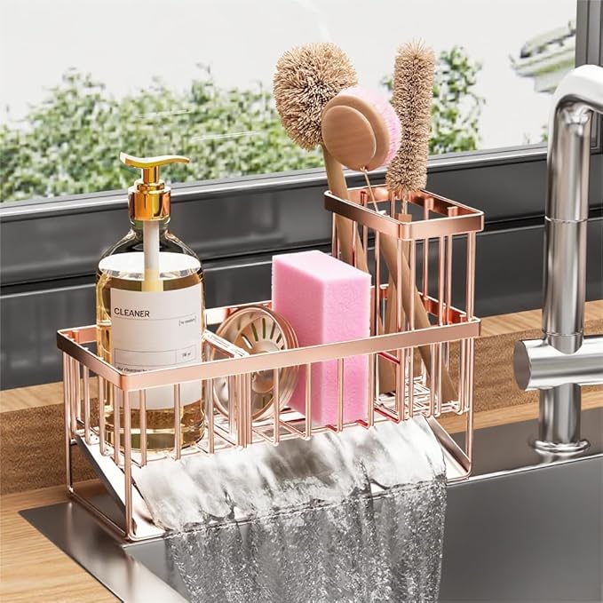 Cisily Sink Caddy Organzier with High Brush Holder, Sponge Holder for Sink, 304 Rustproof Stainless, Kitchen Countertop Soap 