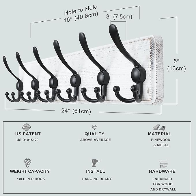Dseap Coat Rack Wall Mounted - 24" Long 6 Tri Hooks, Heavy Duty Wooden Wall Coat Hanger Coat Hook for Clothes Hat Jacket Clot
