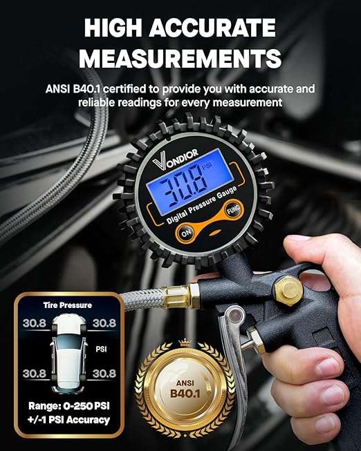Vondior Digital Tire Pressure Gauge with Inflator, 250 PSI Heavy Duty Air Chuck with Tire Tread Depth Gauge, Stainless Steel Braided Hose with Quick Connect Coupler, Car Accessories