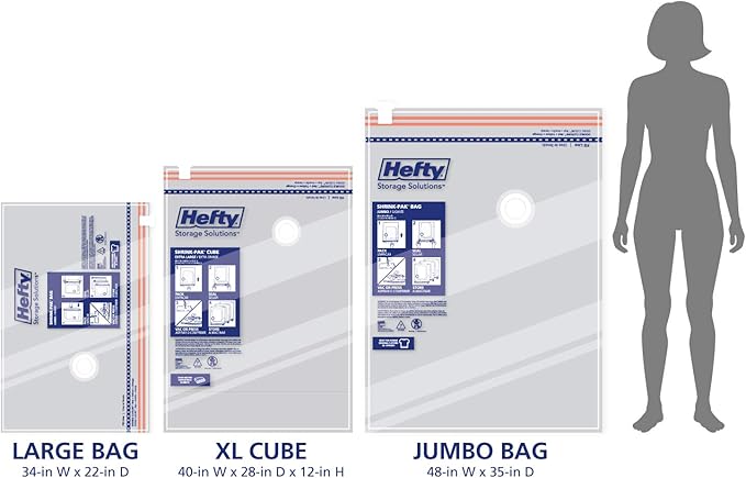 Hefty Shrink-Pak Starter Kit - 2 Large, 1 XL Cube, 1 Jumbo Vacuum Seal Storage Bag and Hand Pump – Space Saver Bags for Cloth