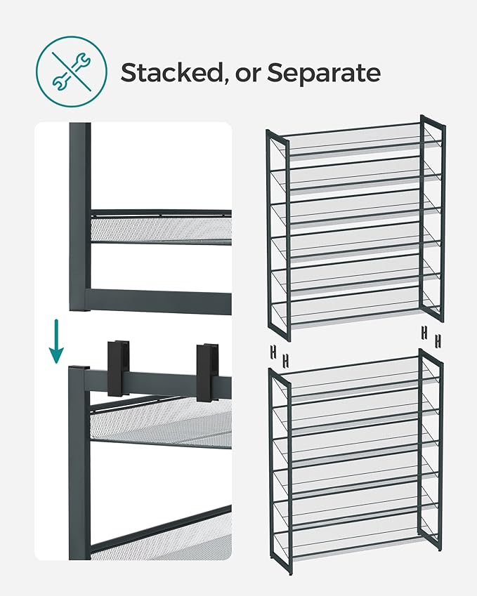 SONGMICS 12-Tier Stackable Shoe Shelf Set, Metal Shoe Storage for Garage, Entryway, with Adjustable Shelves, Hold 48-60 Pairs