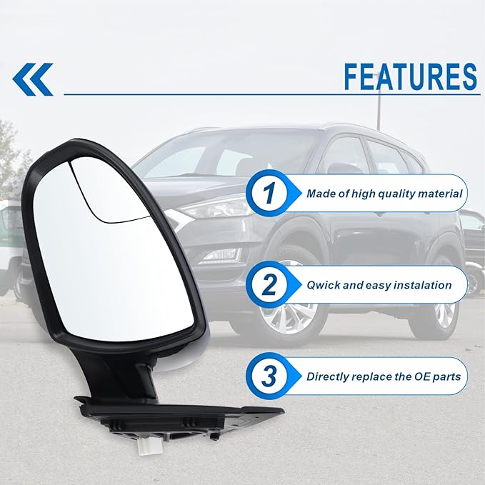 Left Driver Side Mirror Compatible With 2019 2020 2021 Hyundai Tucson With Manual folding Power glass Black Replace #87610D3990(3Pins)