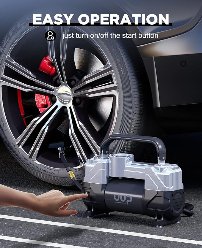 Tire Inflator Air Compressor, 150PSI 12V DC Double Cylinders Heavy Duty Portable Air Pump w/Emergency LED Light for Truck, SUV, Car, RV (black1)