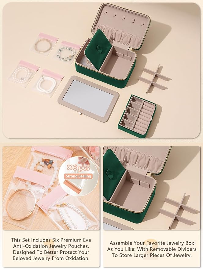 Velvet Travel Jewelry Box with Large Mirror, Double-Layer Jewelry Organizer Case for Women and Girls, Portable Storage Case w