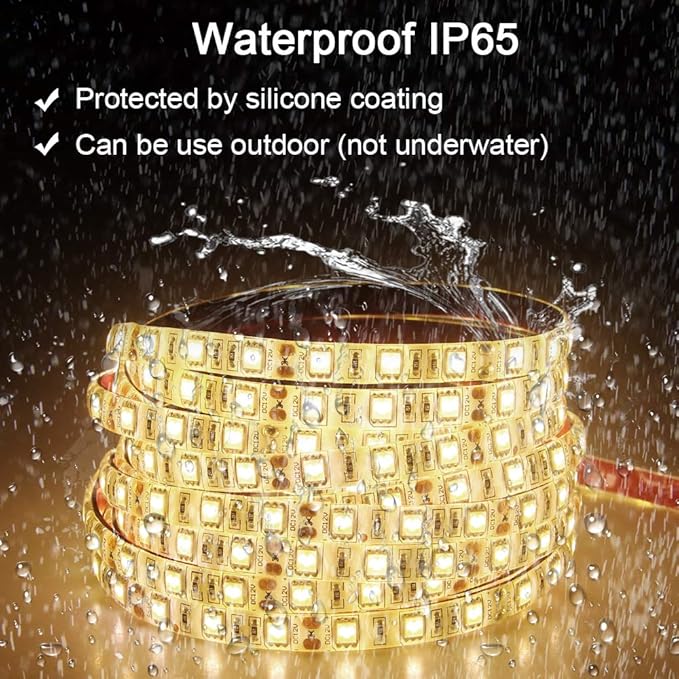 ALITOVE 16.4ft Warm White 3500K 5050 SMD LED Flexible Strip Ribbon Light 5M 300 LEDs Waterproof IP65 DC 12V for Home Garden Commercial Area and Festival Lighting