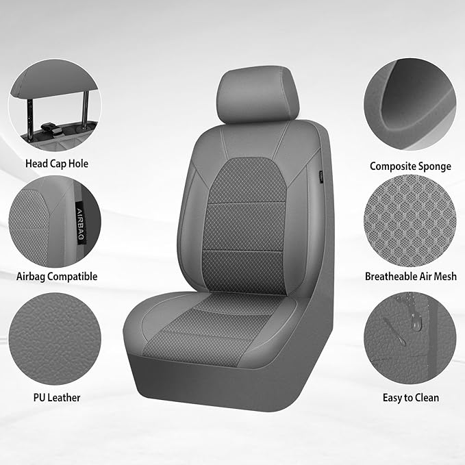 CAR PASS Leather Car Seat Covers Breathable Seat Cover Full Sets Airbag Compatible for Most Cars, SUVs, Trucks, and Vans (Ful