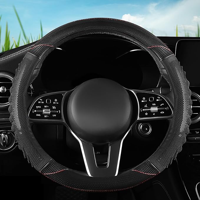 5D Honeycomb Black Car Steering Wheel Cover,14.5-15 Inch Universal Carbon Fibre Leather Covers Breathable Anti-Slip Odorless 