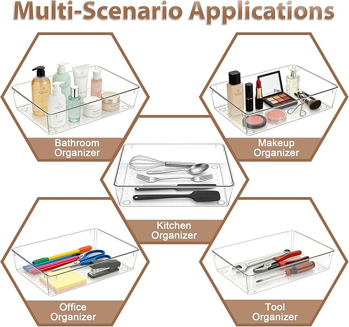 7Pack Desk Drawer Organizers, 6"*9" makeup acrylic drawer organizer trays for vanity, bathroom, office, nightstand, junk for 