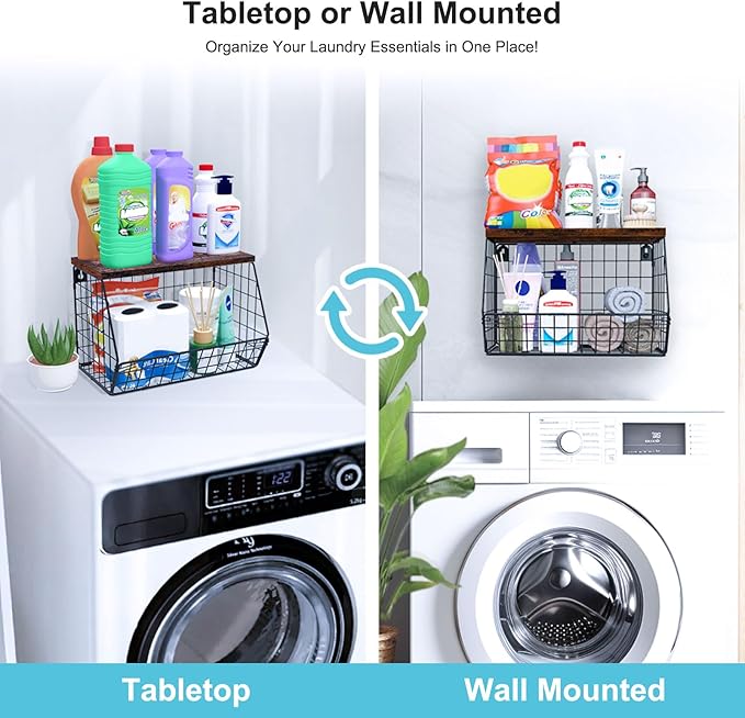 MSJGA Laundry Room Shelves Wall Mounted with Storage Basket - Stackable Wire Wall Shelves Organizer for Towels, Detergent, Ti