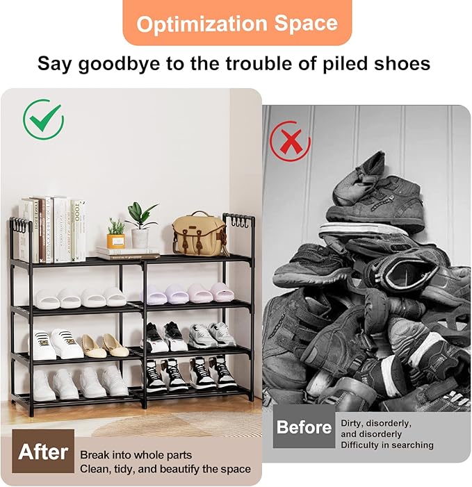 2 Rows 4 Tier Shoe Rack, Black Metal Stackable Shoe Shelf with Multifunctional Hooks, Hold 16-20 Pairs, Space Saving Shoe Org
