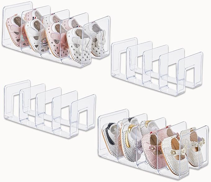 Clear Acrylic Kids Shoe Rack for Closet Organizers and Storage | 4 Pack Small Shoe Rack 4 Sections Toddler Baby Shoe Storage 