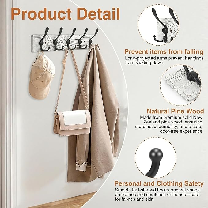 Wooden Coat Rack Wall Mount Heavy Duty, 2 Pack Coat Hanger Wall Mount with 5 Triple Hooks for Clothes, Jacket, Hat, Keys, Spa