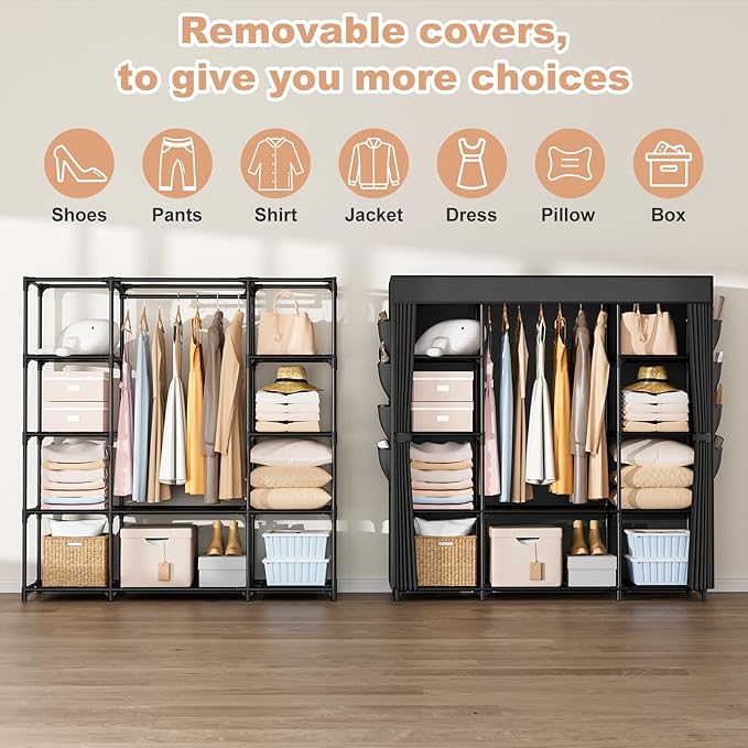 Portable Closet for Hanging Clothes 57.3 Inch Large Capacity Wardrobe Closet with Cover, 8 Pockets and 1 Hanging Rod, Easy As