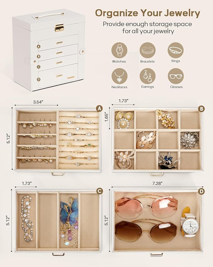 Homde Synthetic Leather Huge Jewelry Box Mirrored Watch Organizer Necklace Ring Earring Storage Lockable Gift Case (White + G