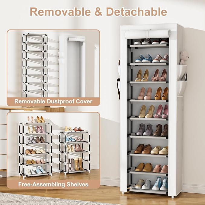 VILICK Shoe Rack with Cover Narrow Shoe Rack Organizer with 4 Side Pockets 10 Tier Tall Shoe Storage Shoe Shelf Holds 18-22 P