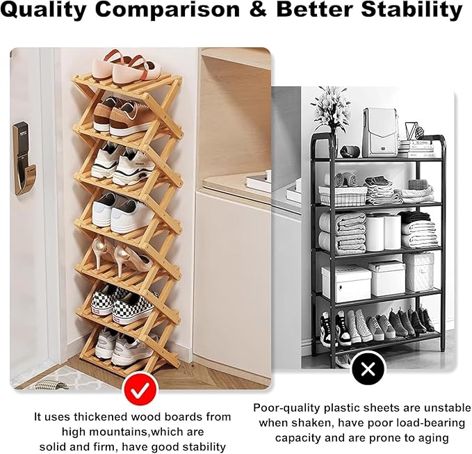 YYW Bamboo Shoe Rack for Entryway, Free Standing Shoe Racks Shelf Closet, Widen Foldable Vertical Shoe Storage Organizer for 