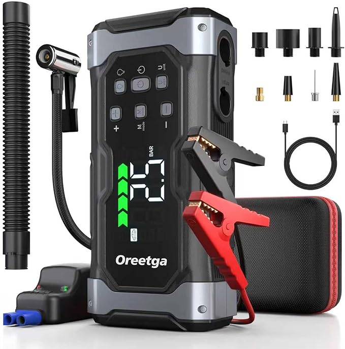 Upgraded 9000A Car Jump Starter with Air Inflator/Deflator Compressor, 9 in 1 Portable Jumper Box Power Pack Charger (All