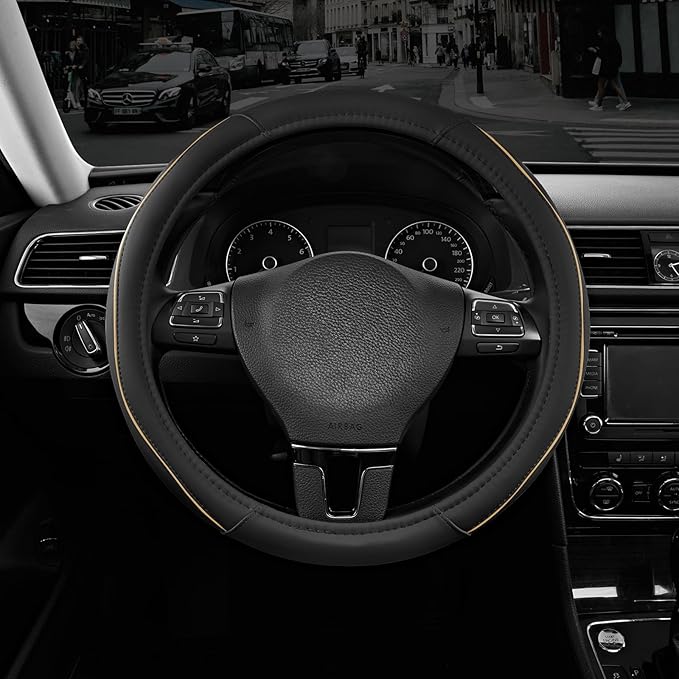 Road Comforts Leather Steering Wheel Cover with Decorative Trim and Piping, Anti-Slip Breathable Design, Fits 14.5–15 Inch Ro