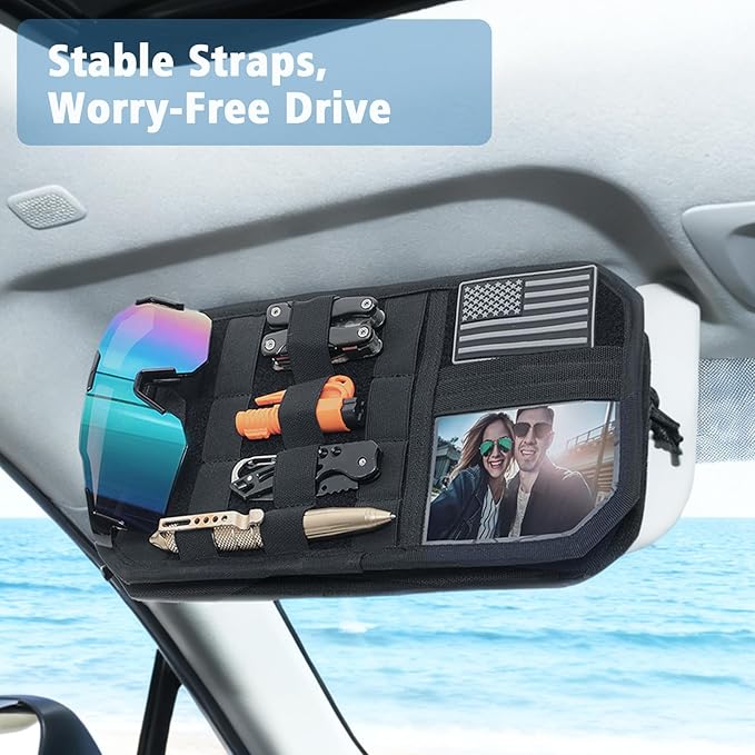 Upgraded Molle Car Sun Visor Organizer, Semi-Rigid MOLLE Panel No Sagging with Zipper Storage Pouch & Glasses Clip, Tactical Gear for Trucks SUVs Cars - Universal Fit