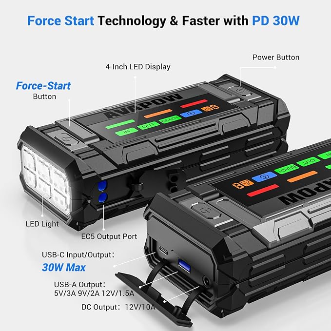 AVAPOW 8000A Battery Jumper Starter Portable with 4 HD Display PD 30W Dual-Way Fast Charging, 12V Car Starter Jump Box &