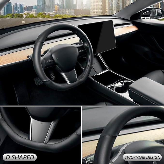 SEG Direct Flat Bottom Steering Wheel Cover, D Shaped Car Wheel Cover 14-14 1/4 in. (35.5-36 cm), for Tesla Model 3 / Y, for 