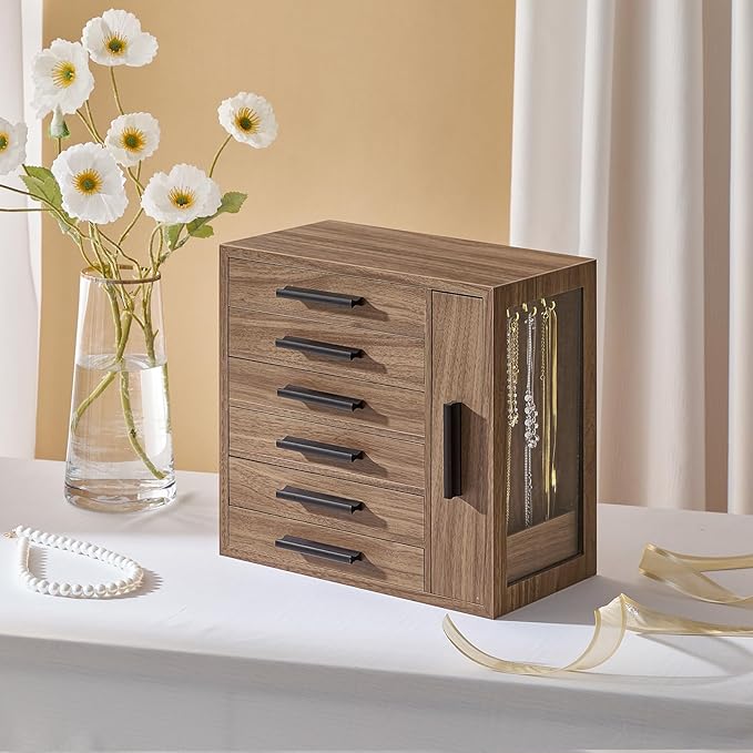 HOOBRO Jewelry Box for Women, Jewelry Organizer Box, 6-Tier Wooden Jewelry Box, Jewelry Case with Side Transparent Window, Cr