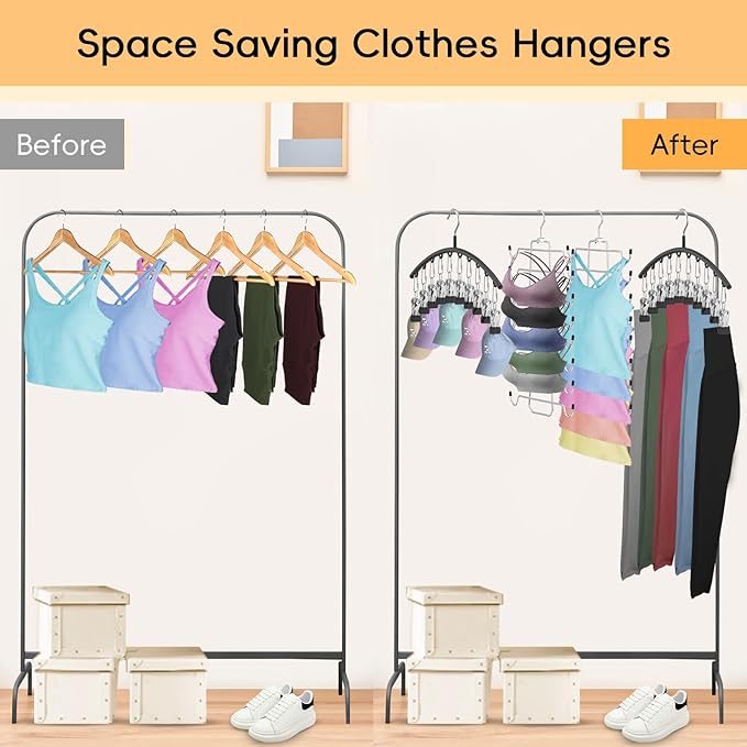 TomCare 4 Pack Space Saving Hangers，2Pack Tank Top Hanger and 2Pack Leggings Organizers for Closet Pants Hangers with 20 Clip