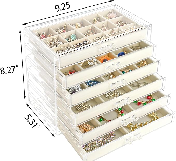 Watpot Acrylic Jewelry Box with 6 Drawers, Clear Earring Storage Organizer Display Case for Women Girls, Beige