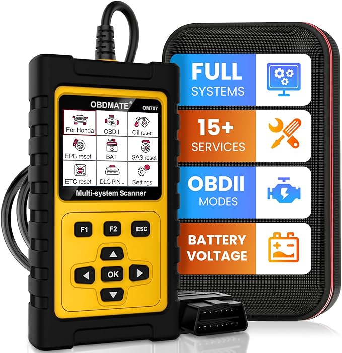 OM707 OBD2 Scanner for Honda Acura, Full Systems Diagnostic Tool, 15 Popular Reset Services, Auto VIN, Battery Test, One-Key