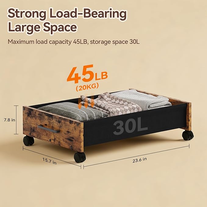 Under Bed Storage with Wheels, Wooden Under Bed Drawers On Wheels, Rolling Under Bed Shoe Storage, Space Saving, Rustic Brown