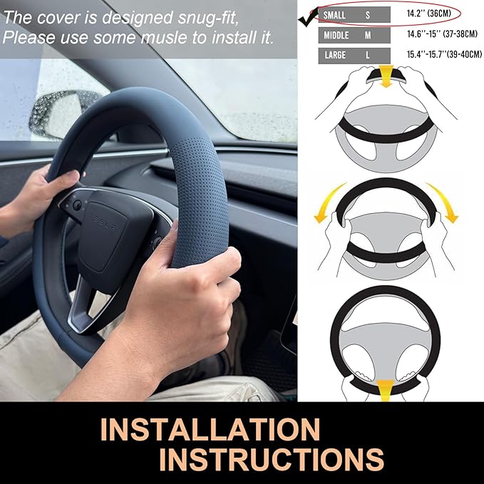 PINCTROT Nappa Leather Steering Wheel Cover for Tesla Model Y/3 Highland/Juniper, D Shaped 14 Inch Small Sized with Breathabl