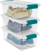 Sterilite 6 Qt Latching Storage Box, Stackable Bin with Latch Lid, Plastic Container to Organize Shoes on Closet Shelf, Clear