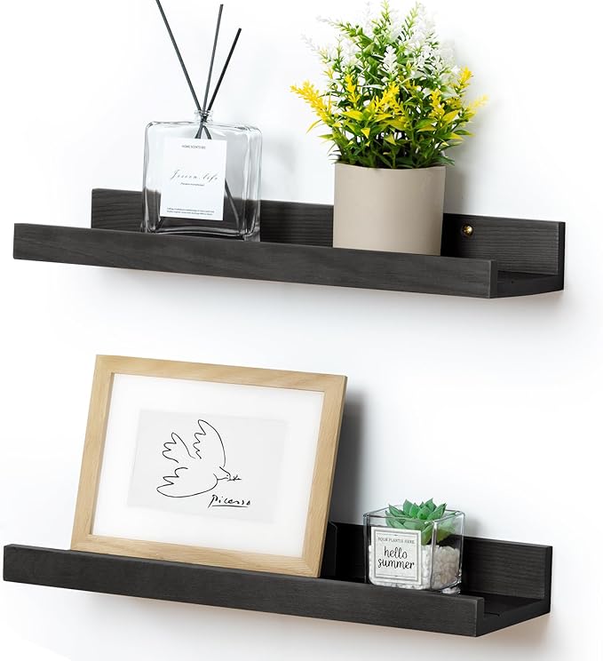 Picture Ledge Shelf for Wall, 16 inch Solid Pine Wood Nursery Book Shelves 2 Packs, Floating Ledge Shelves for Kids' Room Bed