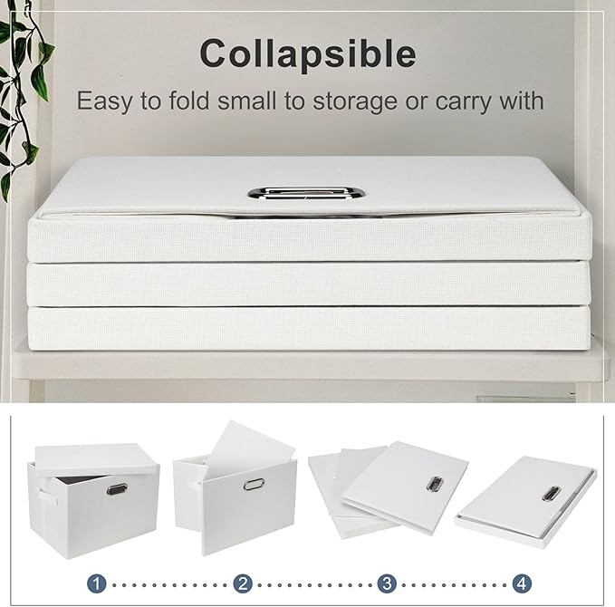 Graciadeco Large 17" 36 Quart Collapsible Stackable Storage Bins with Lids, 5 Packs White Linen Fabric Closet Boxes with Lids