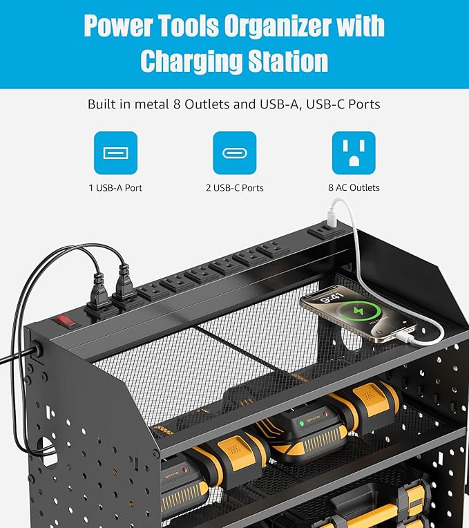 CCCEI Modular Power Tools Organizer with USB Charging Station, 4 Layer Drills and Battery Storage Wall Mount, Garage Shop Org