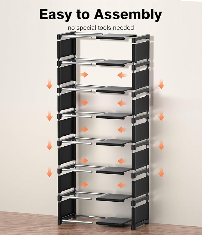 Narrow Shoe Rack 8 Tier, Slim Vertical Shoe Organizer for Small Spaces, Stackable Shoe Storage Shelf with Metal Frame & Fabri
