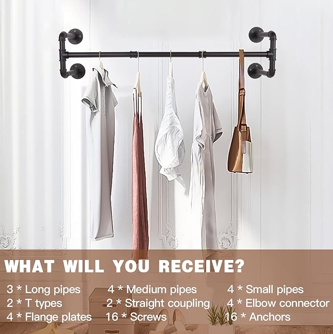 Wall Mounted Clothes Rack - 54" Industrial Pipe Clothing Garment Rack, Space-Saving Heavy Duty Detachable Black Iron Clothes 