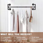 Wall Mounted Clothes Rack - 54" Industrial Pipe Clothing Garment Rack, Space-Saving Heavy Duty Detachable Black Iron Clothes 