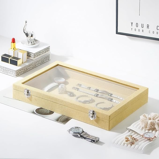 Coward Jewelry Organizer Box, Yellow Linen Blank Display Tray Case with Lid for Storage Necklaces Bracelets Rings Beads and J