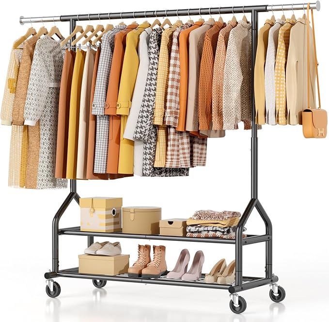 EAGMAK Heavy Duty Clothes Rack Load 556 LBS, Rolling Clothing Rack With Shelves, Height Adjustable Metal Clothes Hanger with 