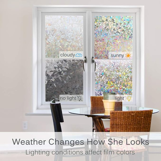 Volcanics Window Privacy Film with Installation Tools, Static Window Clings Vinyl 3D Window Decals Window Stickers Rainbow Window Film for Glass Door Home Heat Control Anti UV 17.5 x 118 Inches