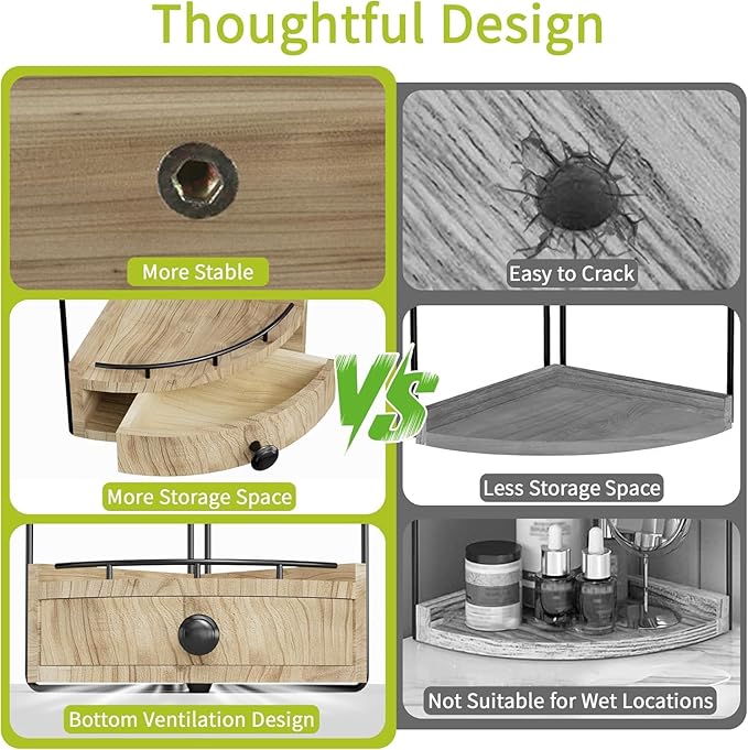 2-Tier Corner Bathroom Counter Organizer with Drawer & Embedded Screw Holes - Wooden Countertop Organizers for Skincare, Make