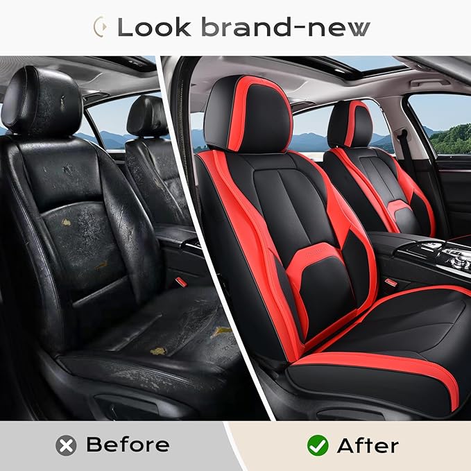 Coverado Seat Covers, Car Seat Covers Front Seats, 2 Pack Black and Red Leather Seat Covers, Waterproof Car Seat Protector wi