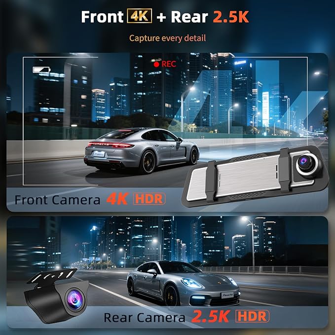 Mirror Dash Cam 4K Front and 2.5K Rear, IMX415 Rearview Mirror Camera for Cars, 5.8GHz WiFi, WDR, G-Sensor, Night Vision, Rev