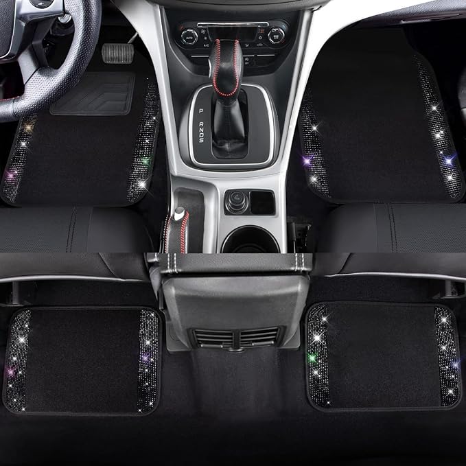 CAR PASS 11 PCS Bling Diamond Car Mats Set for Women Girls, Sparkly Rhinestone Steering Wheel Cover, Waterproof Floor Mats Un