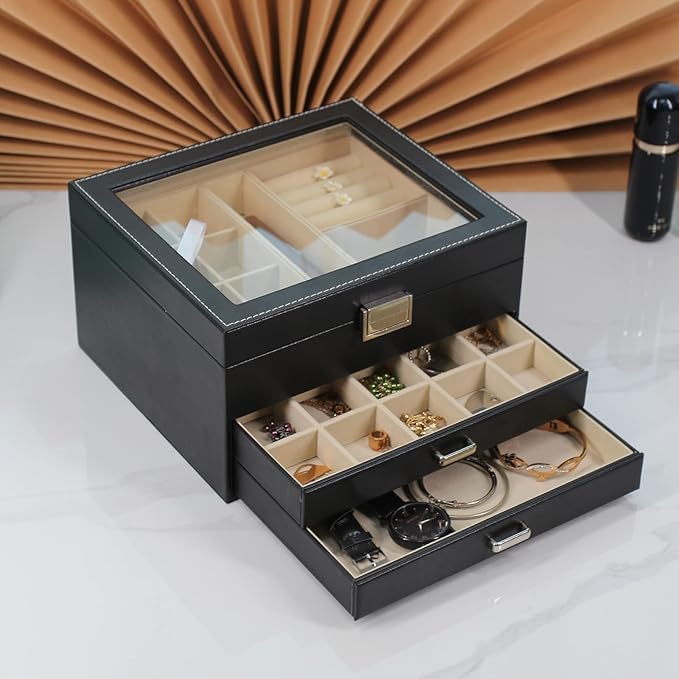 BOOVO Clear Lid Jewelry Box,3 Layers Jewelry Organizer Large Multi-Functional Jewelry Storage Box with 2 Drawers,Jewelry Disp