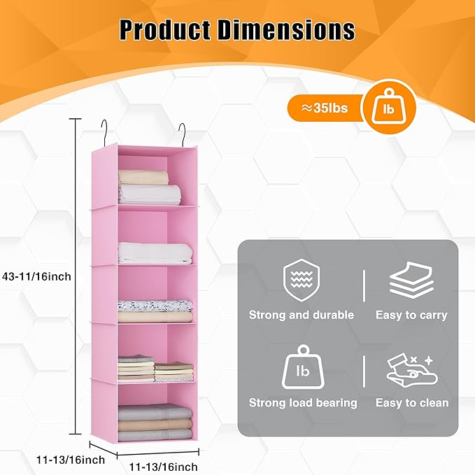 Hanging Closet Organizer, Easy Mount Foldable 5-Shelf Hanging Closet Wardrobe Storage Shelves, Clothes Handbag Shoes Accessor