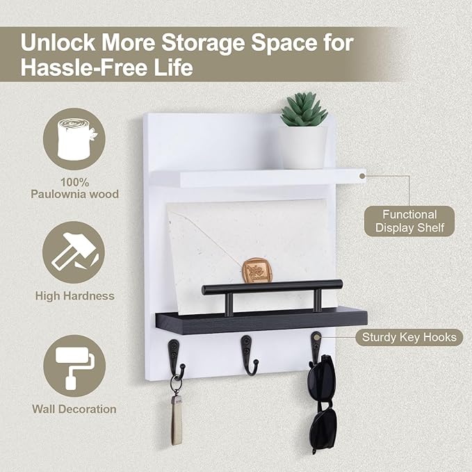 Key Holder Wall Mount, Key Holder With 2 Display Shelf, 3 Hooks for Key, Coat, Dog Leash, Key Hanger with Hook for Mail, Pott