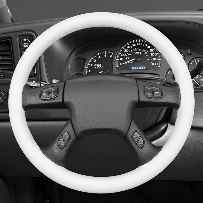 MEWANT Hand Stitched Steering Wheel Cover for Chevy Silverado 1500 2003-2006 DIY White Faux Leather Steering Wheel Wrap