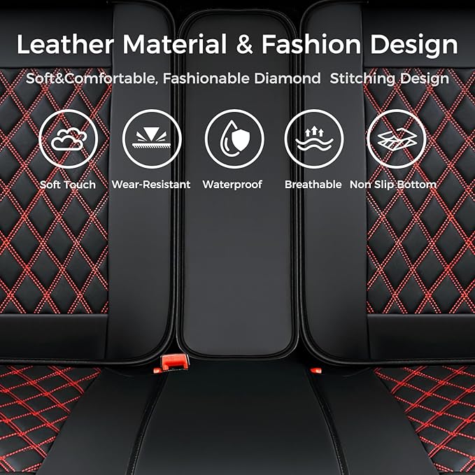 Huidasource Rear Bench Car Seat Covers, Split Back Leather Seat Cover Velcro Adjustable, Compatible with Armrests, Seat Belts